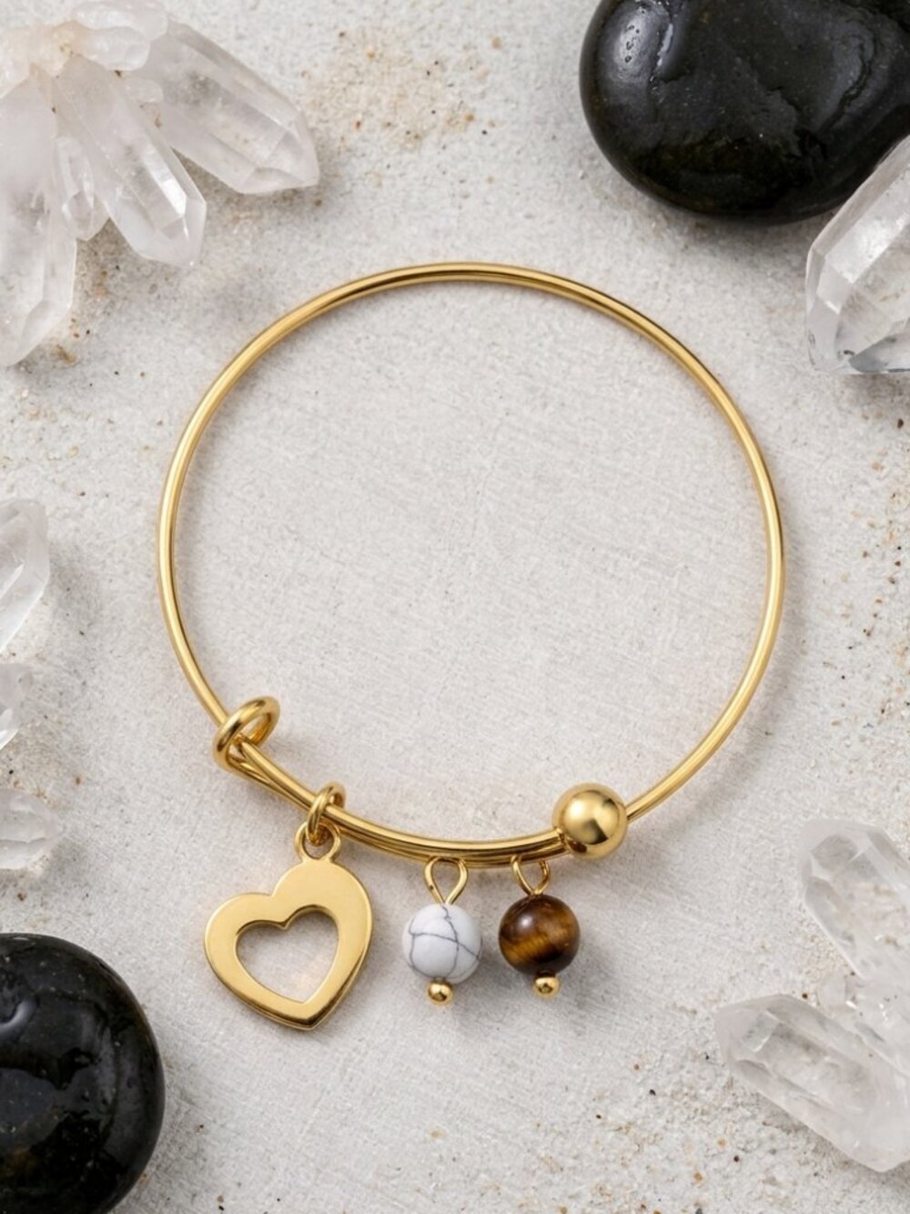 18K Gold Plated Stainless Steel Adjustable Bangle Heart Tiger Eye Boho Bracelet